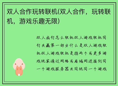 双人合作玩转联机(双人合作，玩转联机，游戏乐趣无限)